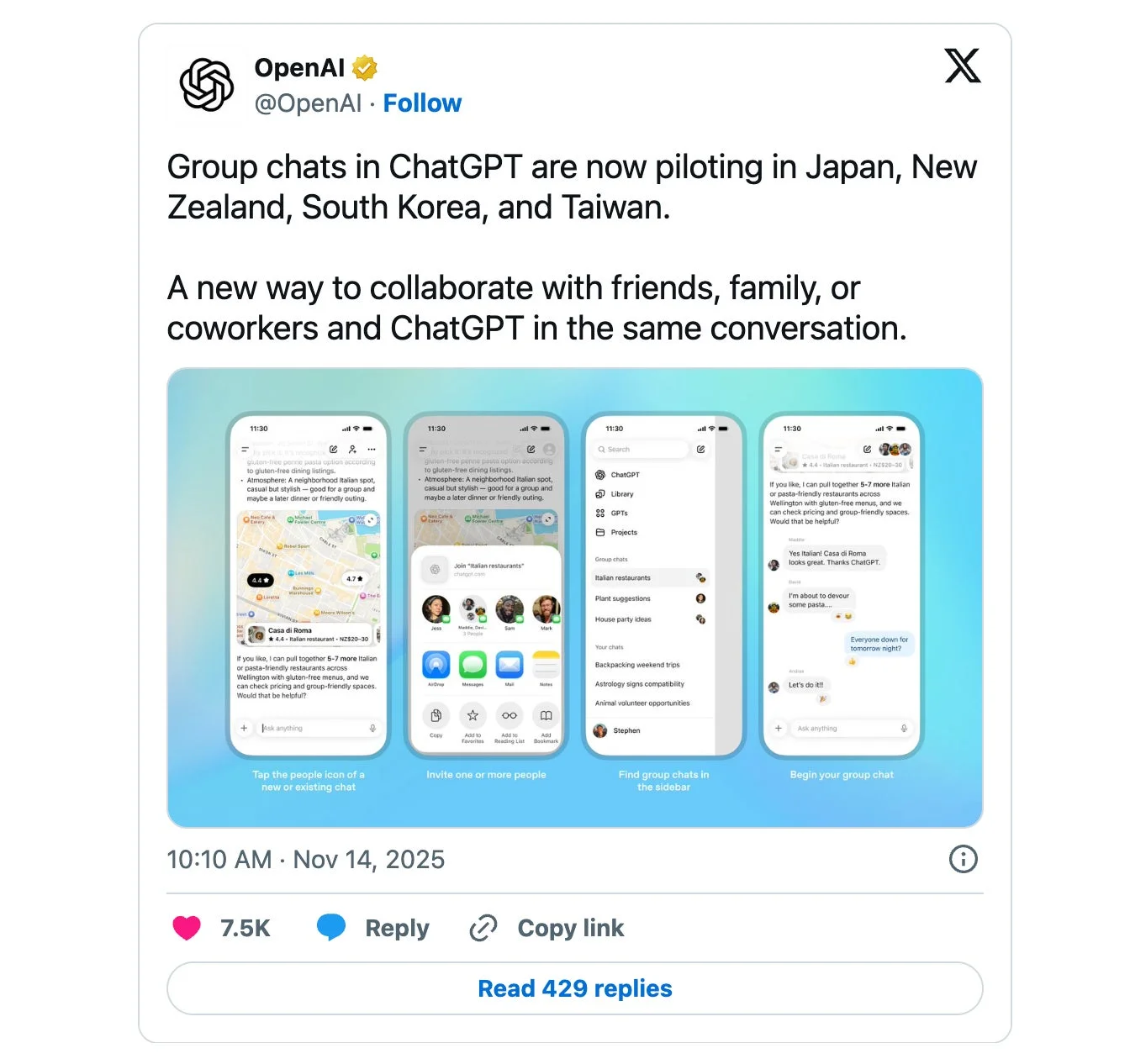 AIの最前線を毎週お届け!購読者8万人の「Mavericks AI ニュース」がGoogleの新エージェントやDisney+のAI戦略を深掘り ChatGPTグループチャット機能のイメージ