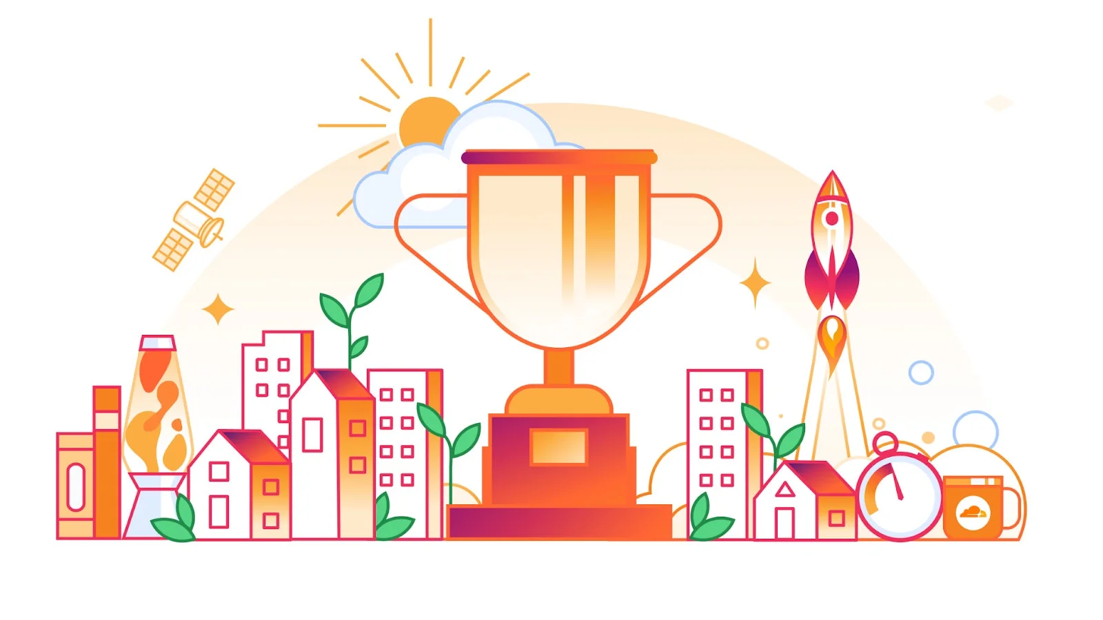 トロフィー、都市、ロケット、衛星