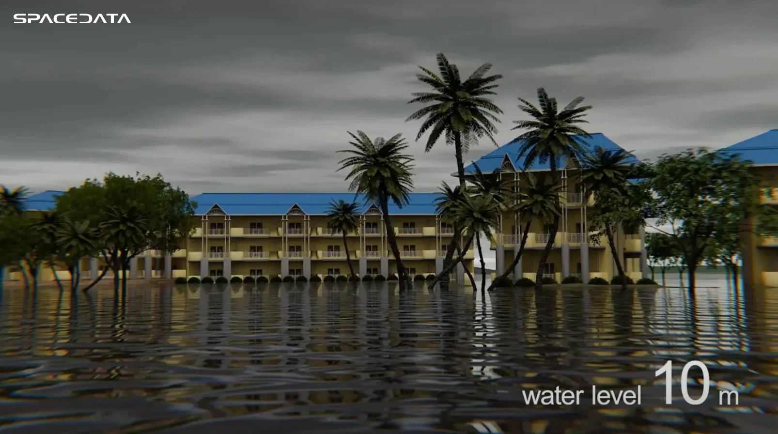 青い屋根の建物が立ち並ぶリゾート地が、10メートルの水位で広範囲に浸水している様子